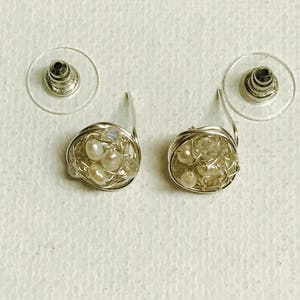 Freshwater Pearls And Crystals Silver Wire Crochet Stud Earrings image 5