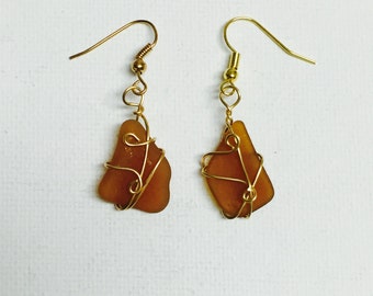 Hawaii Sea Glass Gold Wire Wrapped Earrings