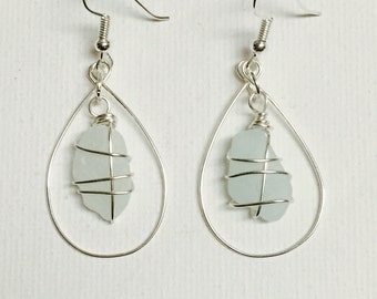 Aqua Sea Glass Silver Wire Hoop Earrings