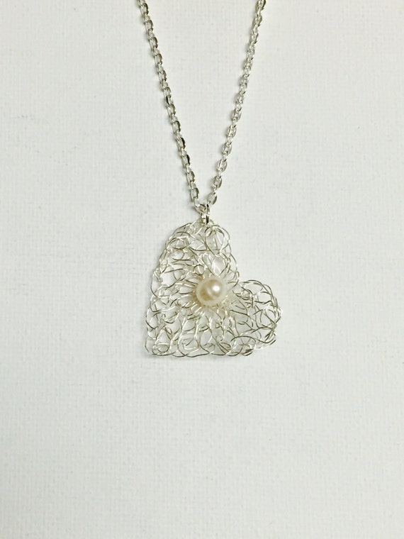 Silver Wire Crochet Heart Necklace With 