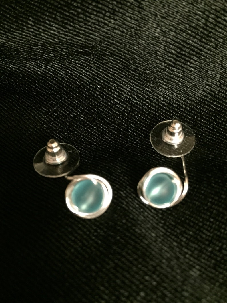 Blue Sea Glass Wire Wrapped Stud Earrings image 2