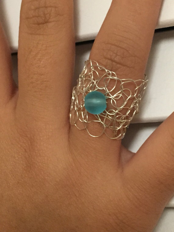 Blue Sea Glass Sterling Silver Wire Crocheted Ring