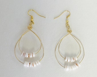 Tiny Puka Shells Gold Wire Double Hoop Earrings