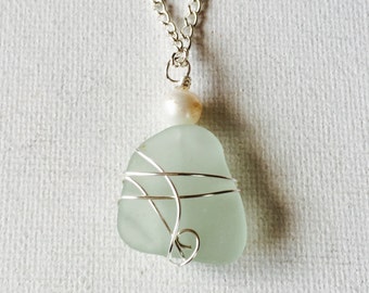 Hawaii Sea Foam Sea Glass Silver Wire Wrapped Necklace With Freshwater Pearl
