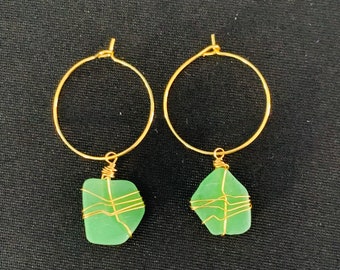 Hawaii Genuine Sea Glass One Inch Gold Hoop Earrings