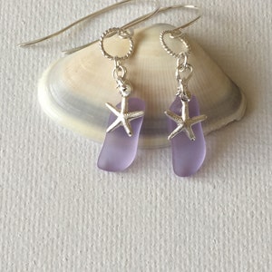 Hawaii Sea Glass Lavendar Sterling Silver Wire Wrapped Silver Starfish Charm Earrings image 2