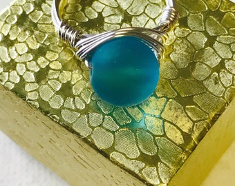 Large Blue Sea Glass Silver Or Gold Wire Wrapped Ring