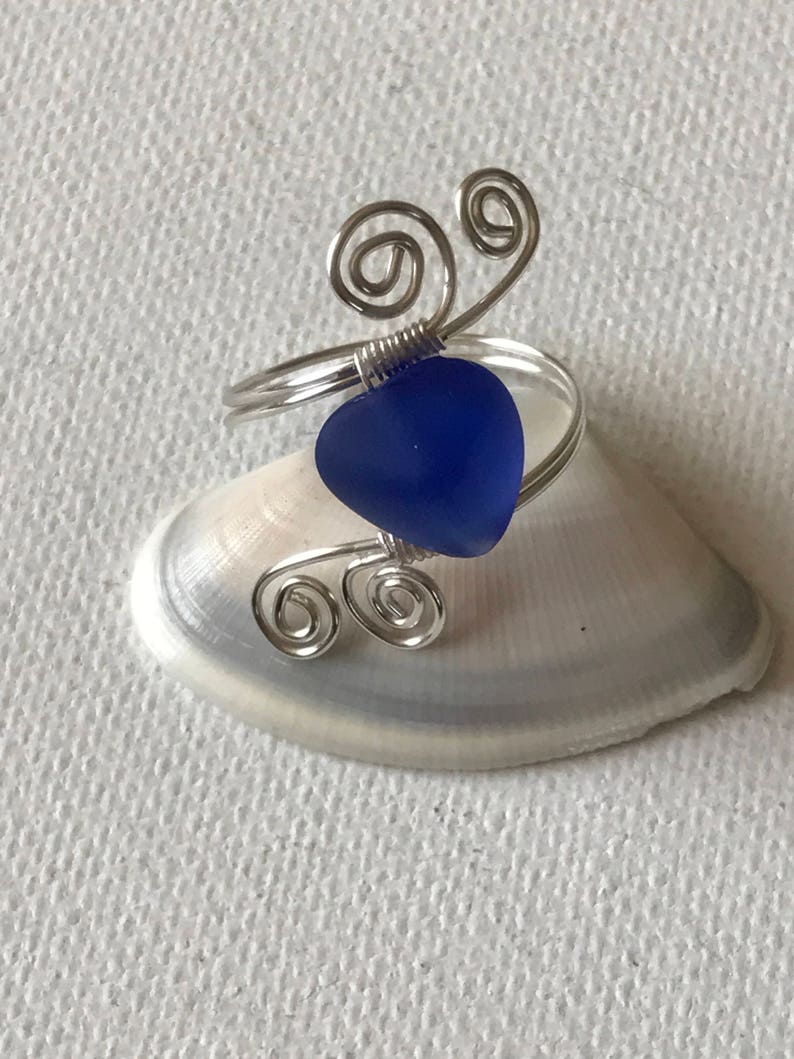 Blue Sea Glass Silver Spiral Wire Ring image 2