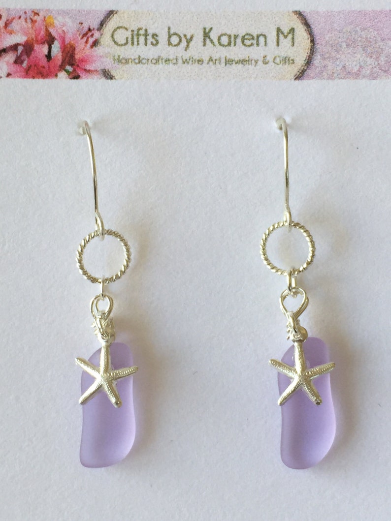 Hawaii Sea Glass Lavendar Sterling Silver Wire Wrapped Silver Starfish Charm Earrings image 5