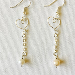 Silver Wire Tiny Heart Dangling Pearl Earrings image 3