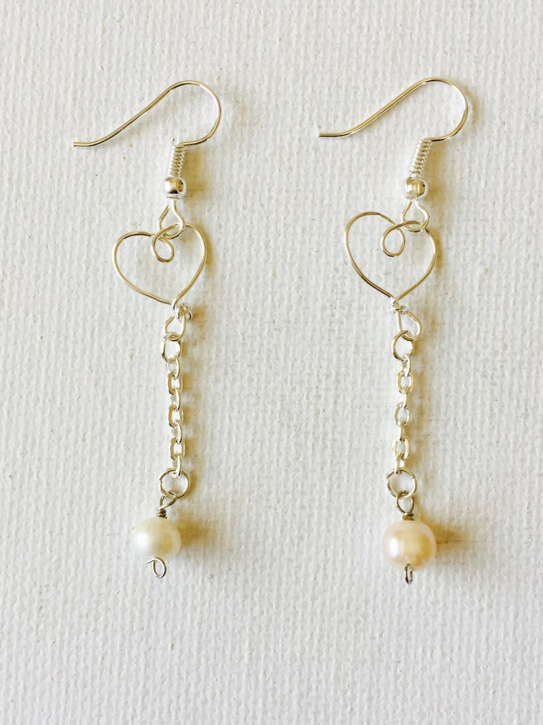 Silver Wire Tiny Heart Dangling Pearl Earrings image 3