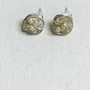 Freshwater Pearls And Crystals Silver Wire Crochet Stud Earrings image 1