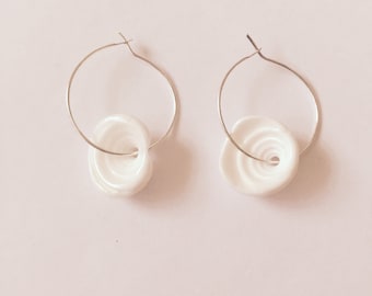 Puka Shell Small Silver Wire Hoop Earrings