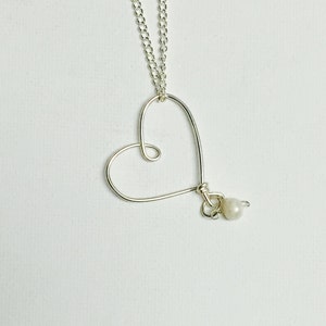 Silver Wire Floating Heart Necklace With White Fresh Water Pearl image 1