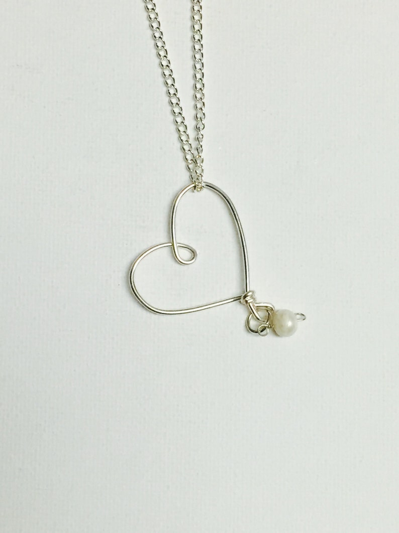 Silver Wire Floating Heart Necklace With White Fresh Water Pearl image 1