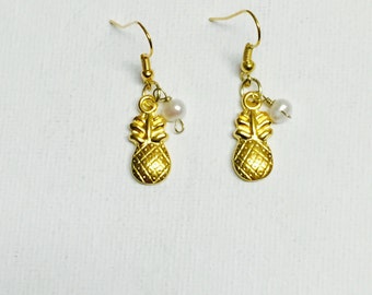 Gold Pineapple Dangling Earrings With Freshwater Pearls