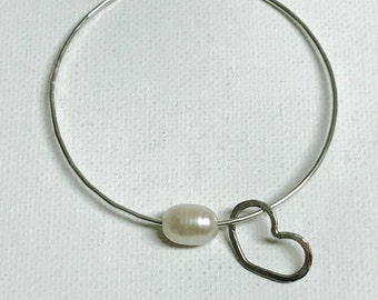 Sterling Silver Or Gold Filled Freshwater Pearl Bangle Bracelet With 16 Gauge Gold Filled or Sterling Silver Heart Charm