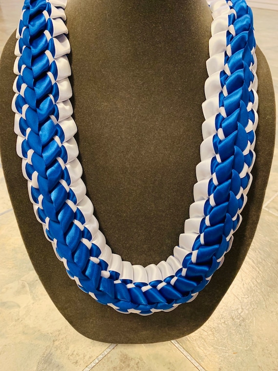 Hawaiian 1/8 inch Ribbon Triple Strand Lei blue white