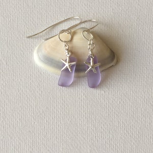 Hawaii Sea Glass Lavendar Sterling Silver Wire Wrapped Silver Starfish Charm Earrings image 1