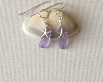 Hawaii Sea Glass Lavendar Sterling Silver Wire Wrapped Silver Starfish Charm Earrings