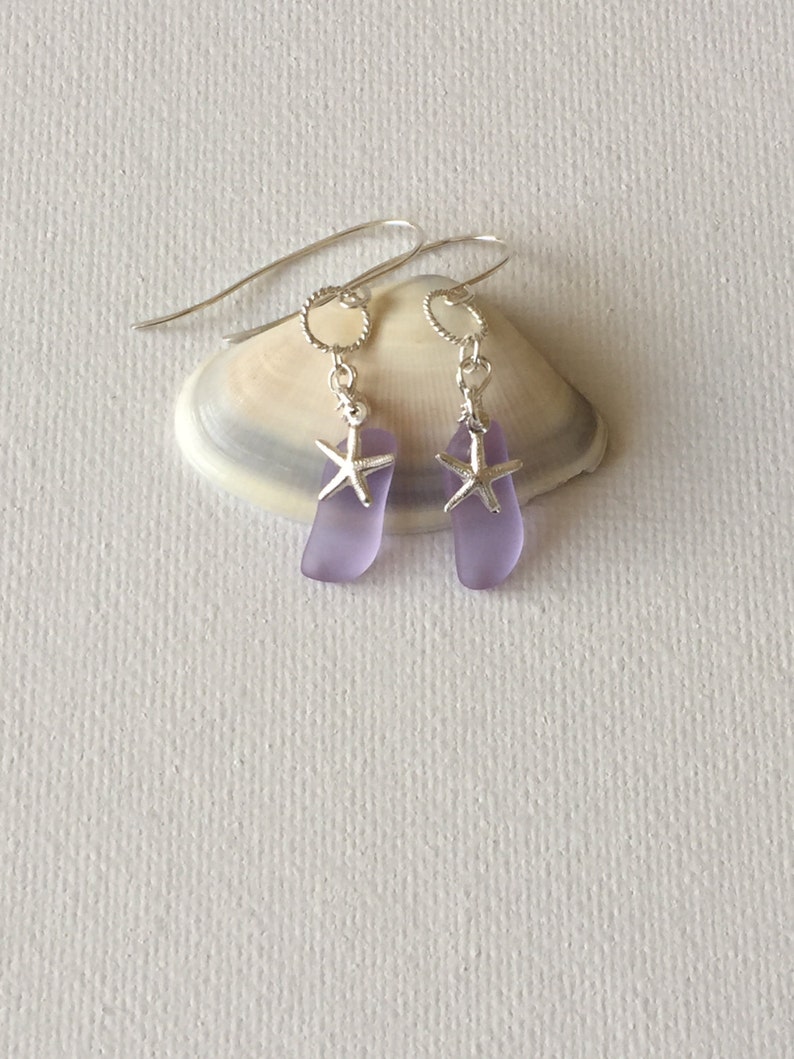 Hawaii Sea Glass Lavendar Sterling Silver Wire Wrapped Silver Starfish Charm Earrings image 1