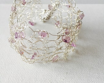 Amethyst Silver Crochet Wire Cuff Bracelet