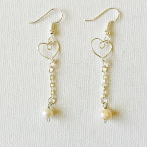 Silver Wire Tiny Heart Dangling Pearl Earrings image 2