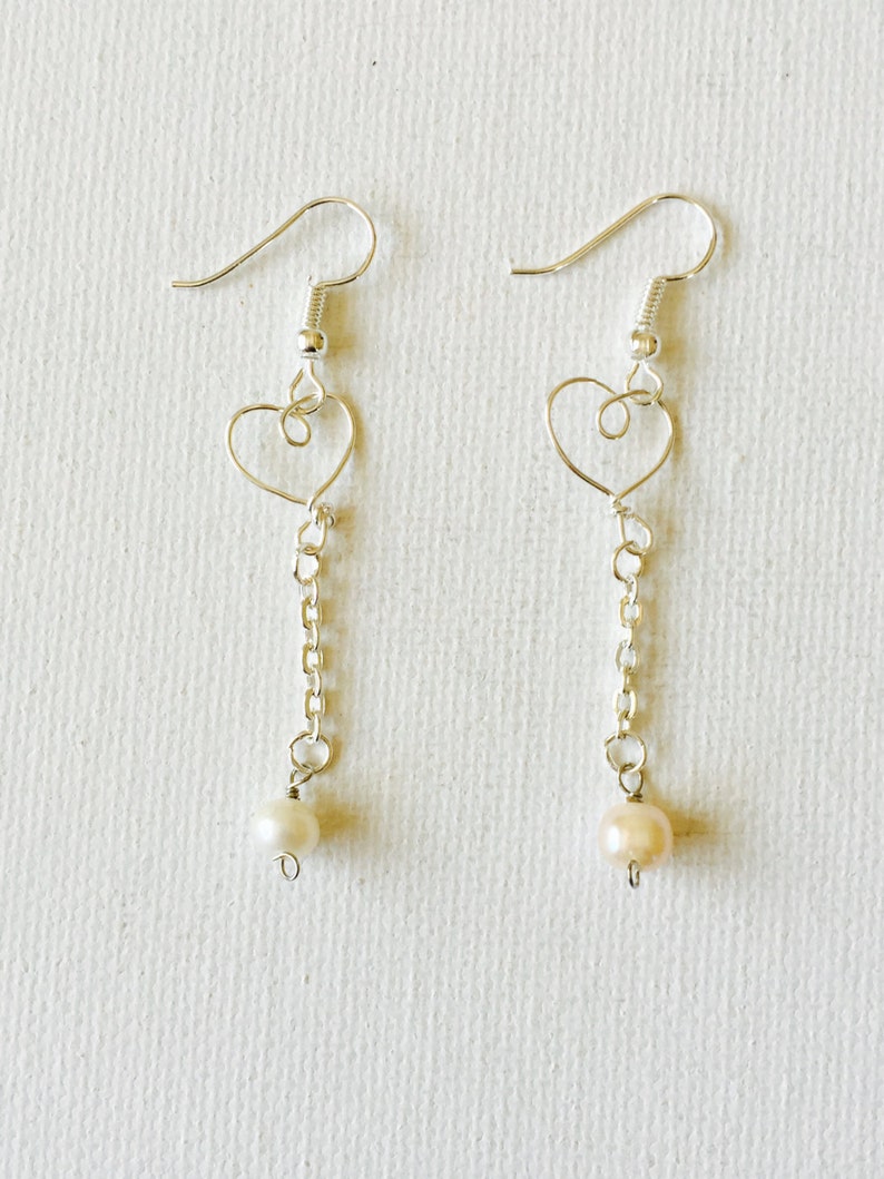 Silver Wire Tiny Heart Dangling Pearl Earrings image 2