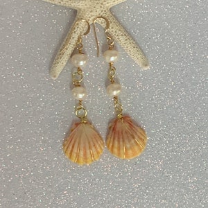 Hawaiian Sunrise Sea Shell Gold Wire Wrapped Earrings With Fresh Water Pearls