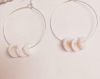 Hawaiian Triple Puka Shell Silver Wire Hoop Earrings