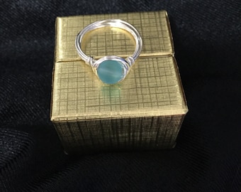Blue Sea Glass Wire Wrapped Ring