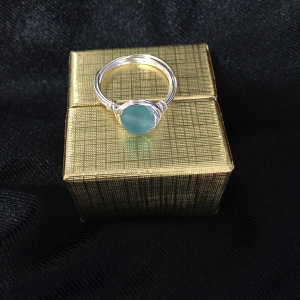 Blue Sea Glass Wire Wrapped Ring