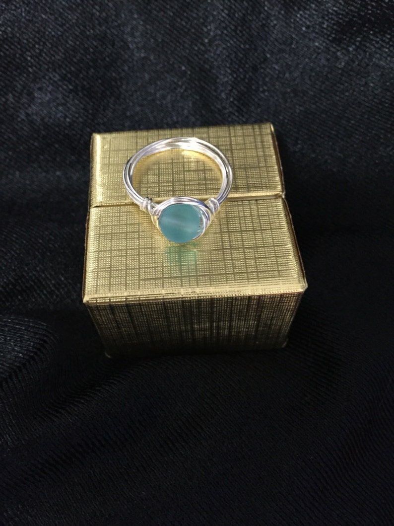 Blue Sea Glass Wire Wrapped Ring image 1