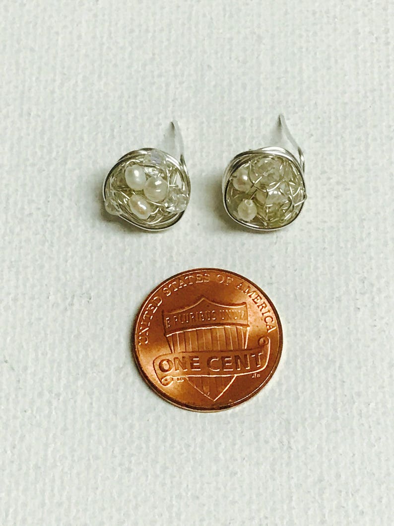 Freshwater Pearls And Crystals Silver Wire Crochet Stud Earrings image 3