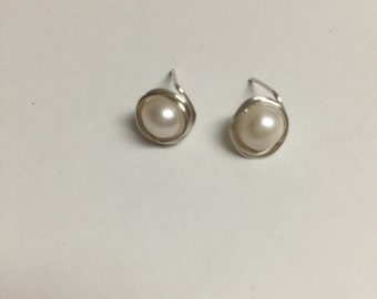 White Freshwater Pearl Wire Earring Studs