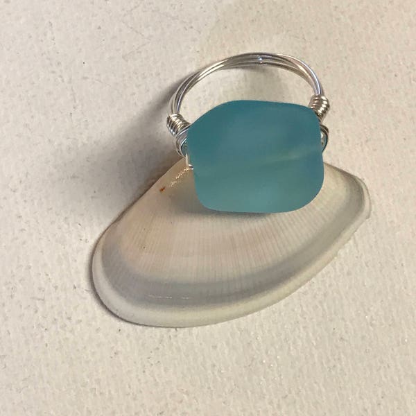 Blue Geometric Sea Glass Silver Wire Wrapped Ring