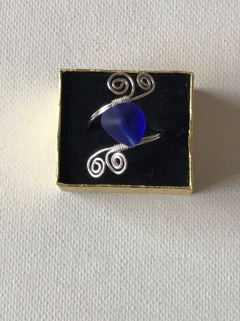 Blue Sea Glass Silver Spiral Wire Ring image 3