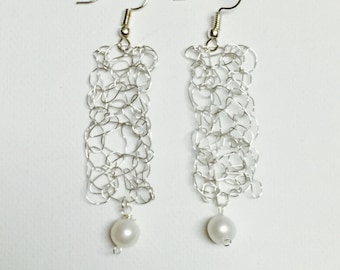 Silver Or Gold Rectangular Crochet Wire  Earrings With Freshwater Pearls