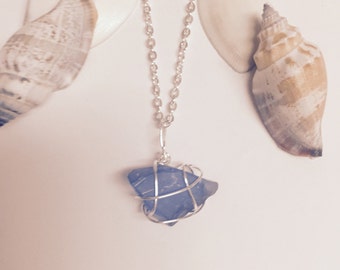 Hawaii Sea Glass Blue Silver Wire Wrapped Necklace