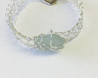 Hawaii Aqua Sea Glass Silver Wire Crochet Bracelet