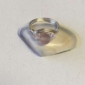 Pink Sea Glass With Glass Crystal Bead Silver Wire Wrapped Ring