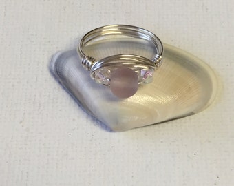 Pink Sea Glass With Glass Crystal Bead Silver Wire Wrapped Ring