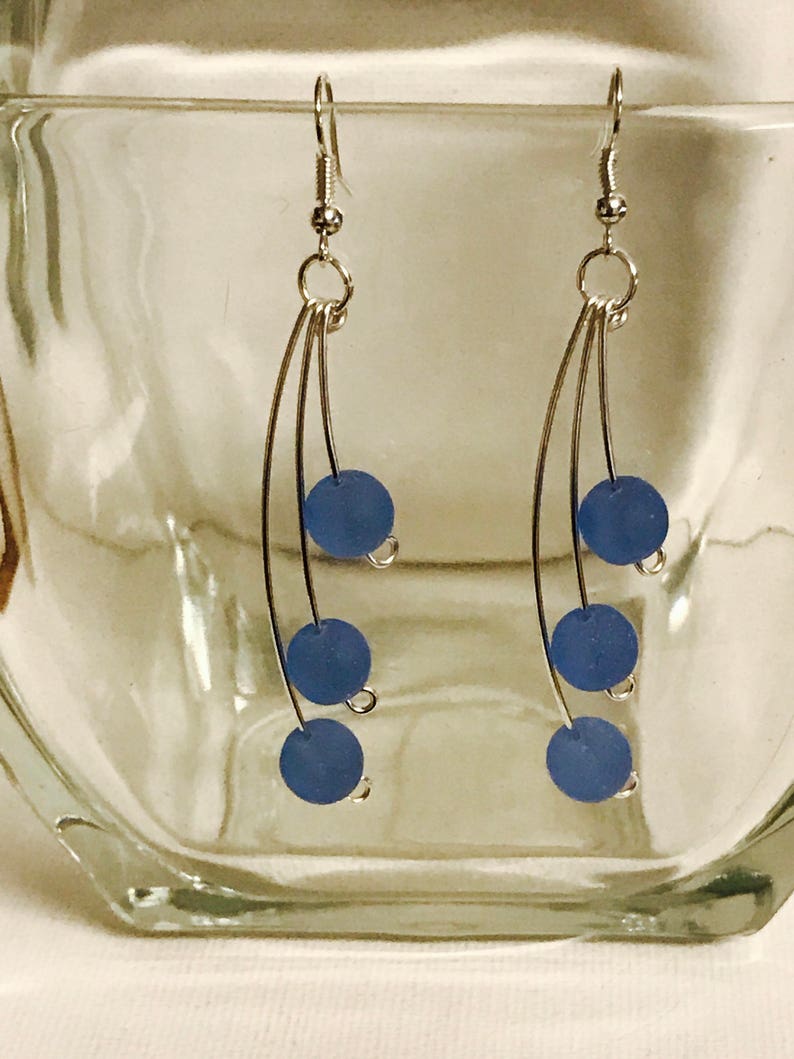 Triple Blue Sea Glass Silver Wire Earrings - Etsy
