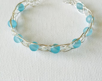 Blue Sea Glass And Crystal Silver Woven Wire Cuff Bracelet