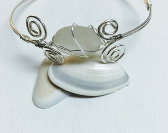 Hawaii White Sea Glass Silver Wire Wrapped Bangle Bracelet