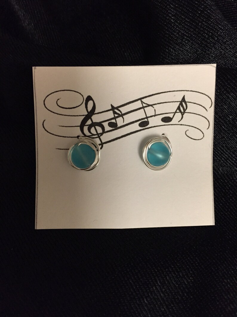 Blue Sea Glass Wire Wrapped Stud Earrings image 1