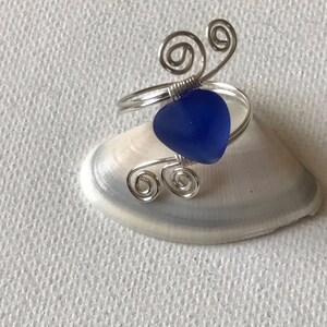 Blue Sea Glass Silver Spiral Wire Ring image 1