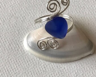 Blue Sea Glass Silver Spiral Wire Ring