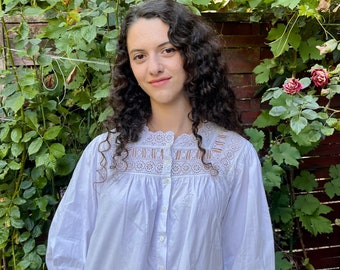 French antique Edwardian Victorian white cotton blouse broderie anglaise shirt