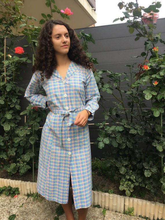 Vintage 1930s check plaid dress French chore dress